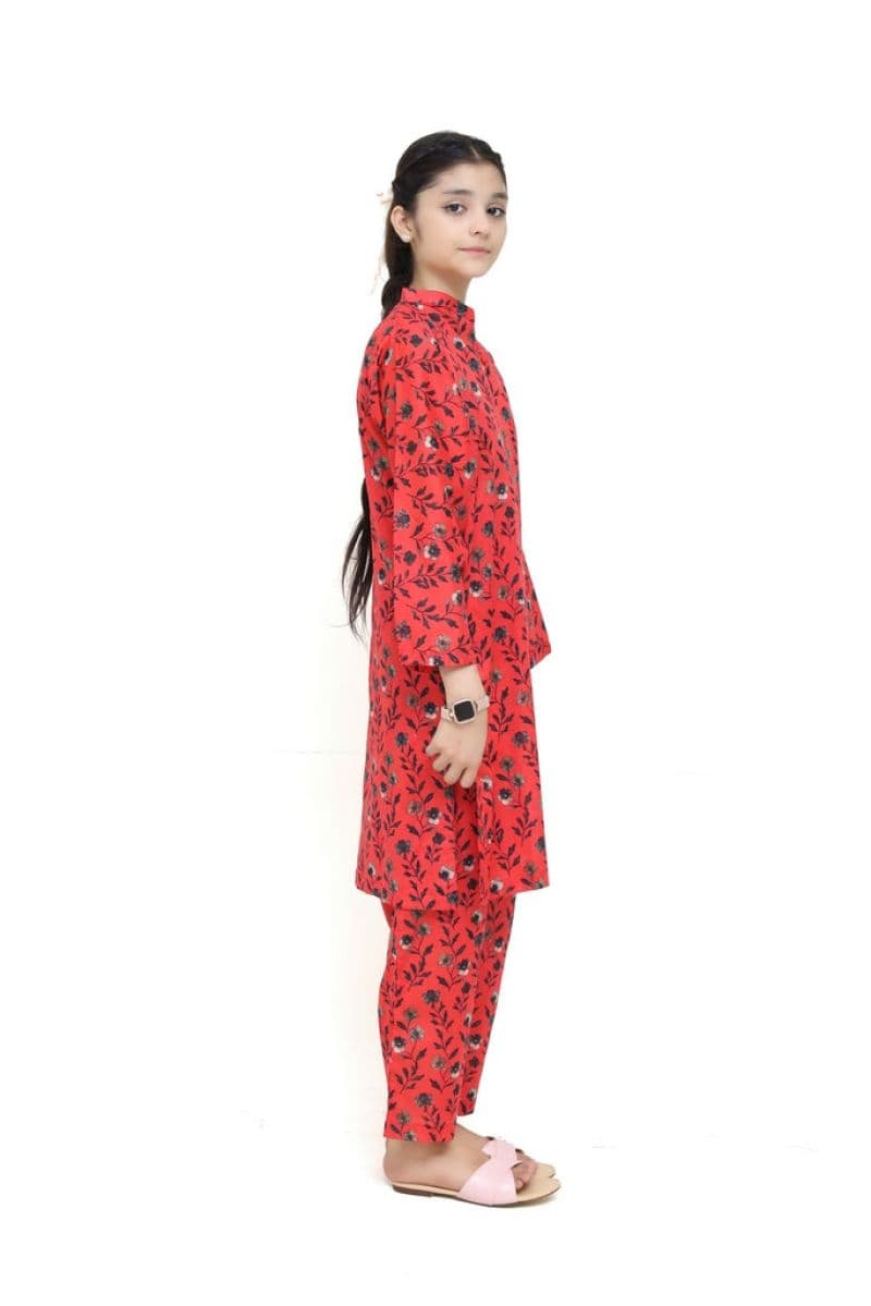 Plum Digital Lawn Reddish Orange Colour Printed Black Flowers On 2 Pc stitched suit for Girls.