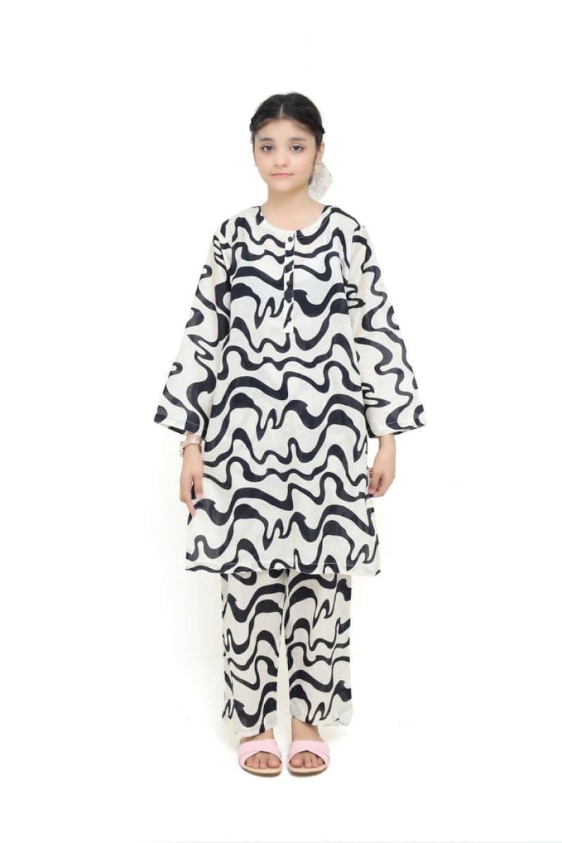 Plum Khaddar Dark Blue Colour printed Pink flowers embroidered with Light Pink threads on 2pc stitched suit for Girls