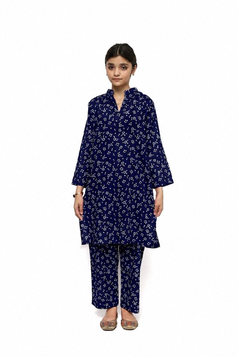 Plum Khaddar Rust Colour printed Off White Patterns with Red buttons on 2pc stitched suit for Girls
