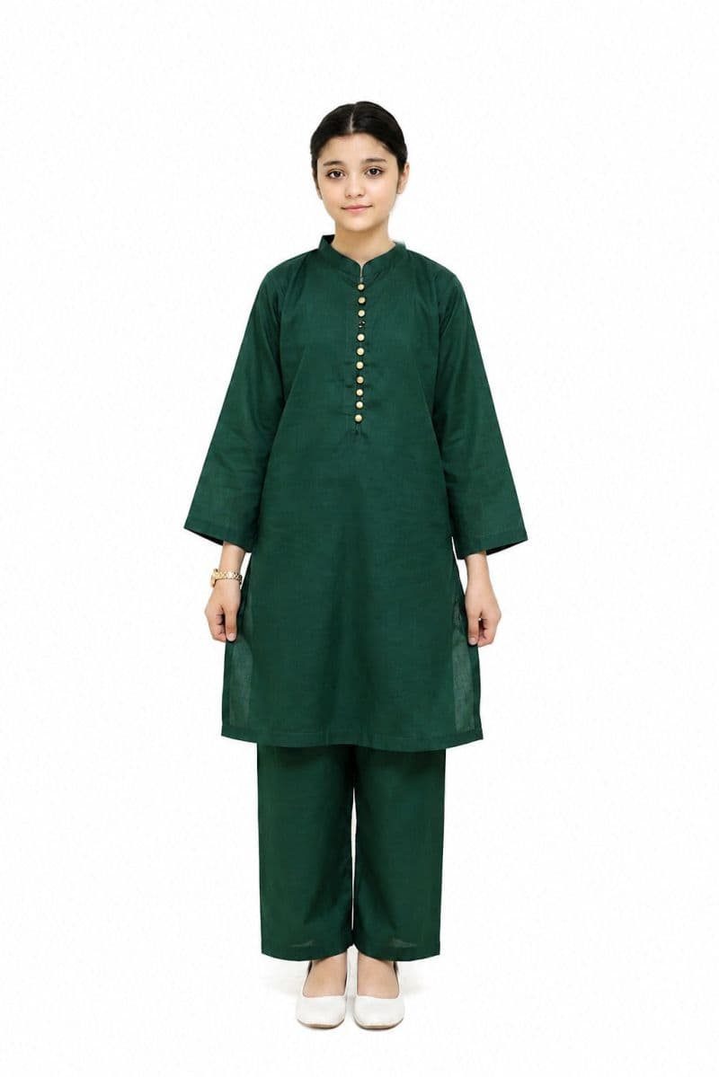 Plum Khaddar Dark Blue Colour printed Green Pink White Motifz with Pink buttons on 2pc stitched suit for Girls