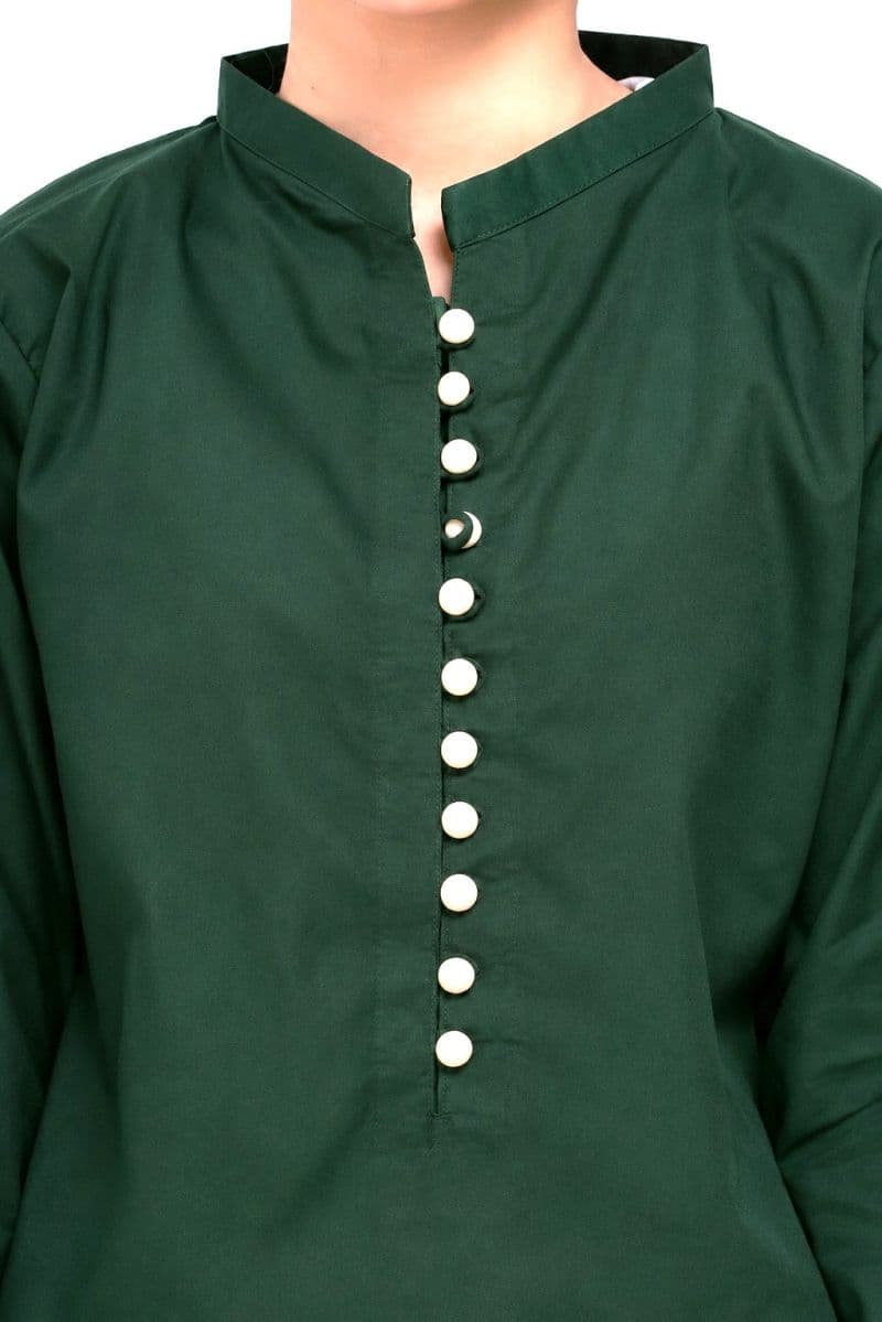 Plum Khaddar Dark Blue Colour printed Green Pink White Motifz with Pink buttons on 2pc stitched suit for Girls