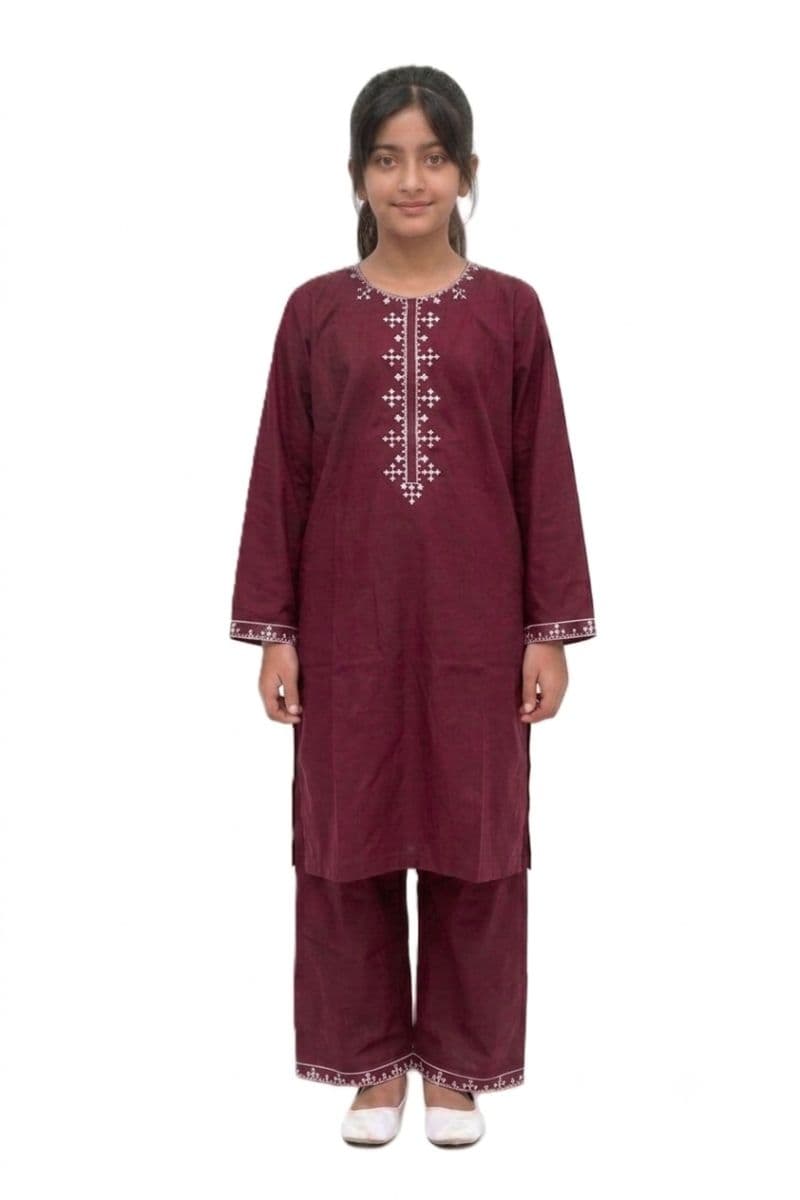 Plum 100% Cotton Lawn Maroon colour embroidered with Light Pink threads on 2pc stitched suit for Girls.