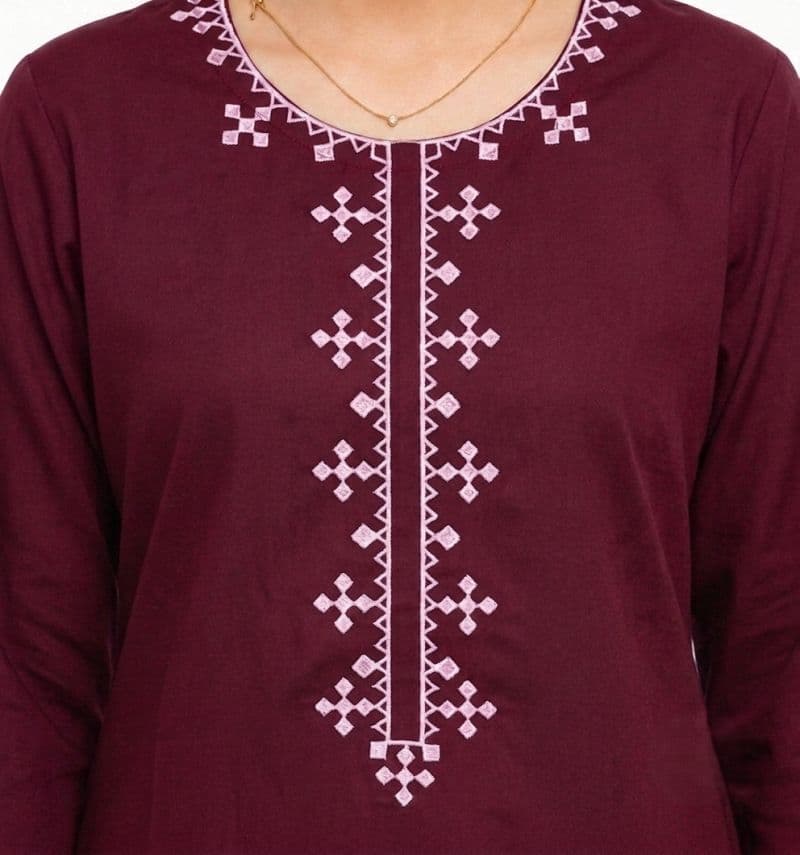Plum 100% Cotton Lawn Maroon colour embroidered with Light Pink threads on 2pc stitched suit for Girls.