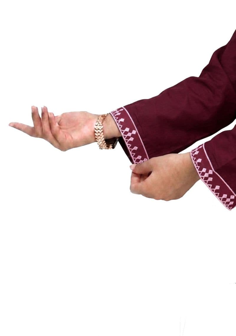 Plum 100% Cotton Lawn Maroon colour embroidered with Light Pink threads on 2pc stitched suit for Girls.