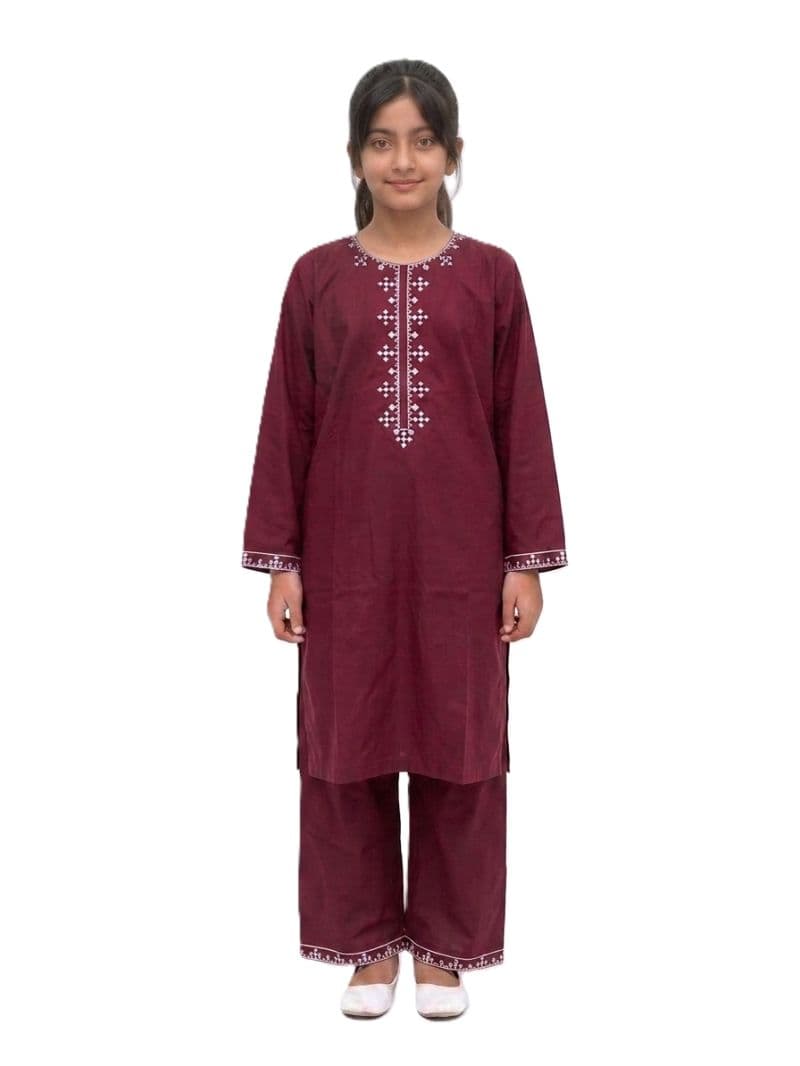 Plum 100% Cotton Lawn Maroon colour embroidered with Light Pink threads on 2pc stitched suit for Girls.