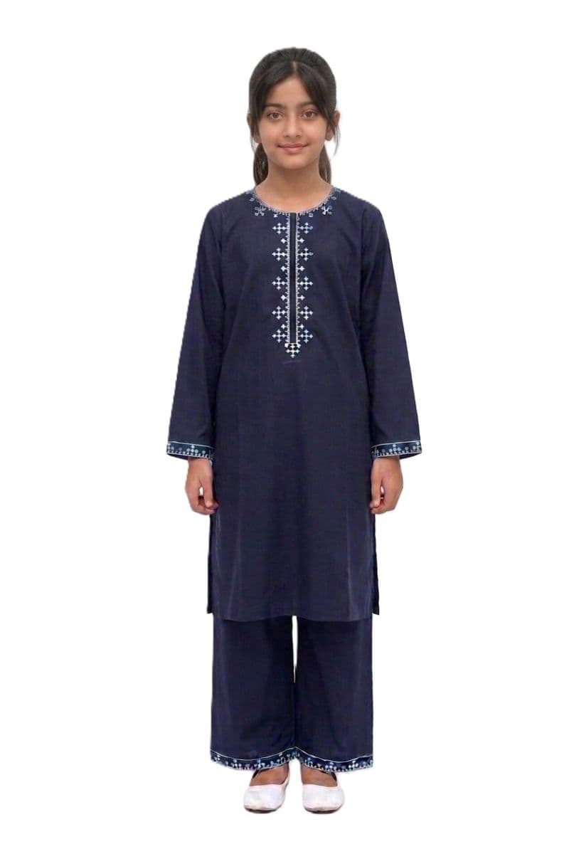 Plum 100% Cotton Lawn Dark Blue colour embroidered with Light Blue threads on 2pc stitched suit for Girls.