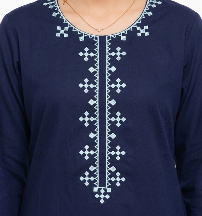 Plum 100% Cotton Lawn Dark Blue colour embroidered with Light Blue threads on 2pc stitched suit for Girls.