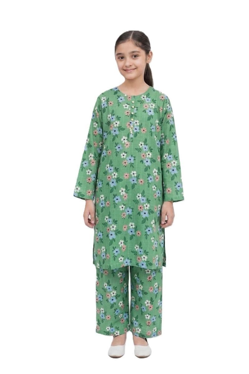 Plum Khaddar Green colour printed White Pink Blue Flowers with White buttons on 2pc stitched suit for Girls. thumbnail