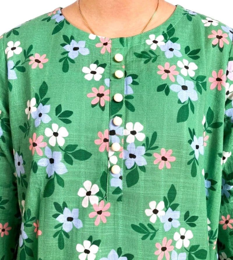 Plum Khaddar Green colour printed White Pink Blue Flowers with White buttons on 2pc stitched suit for Girls. thumbnail