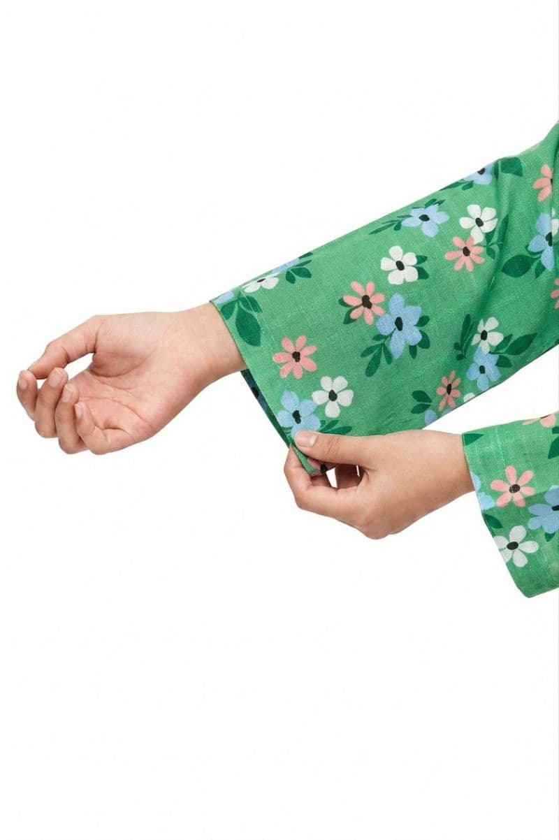 Plum Khaddar Green colour printed White Pink Blue Flowers with White buttons on 2pc stitched suit for Girls. thumbnail