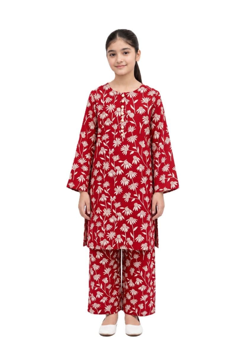 Plum Khaddar Rust colour printed Off White Flowers with Off White buttons on 2pc stitched suit for Girls. thumbnail