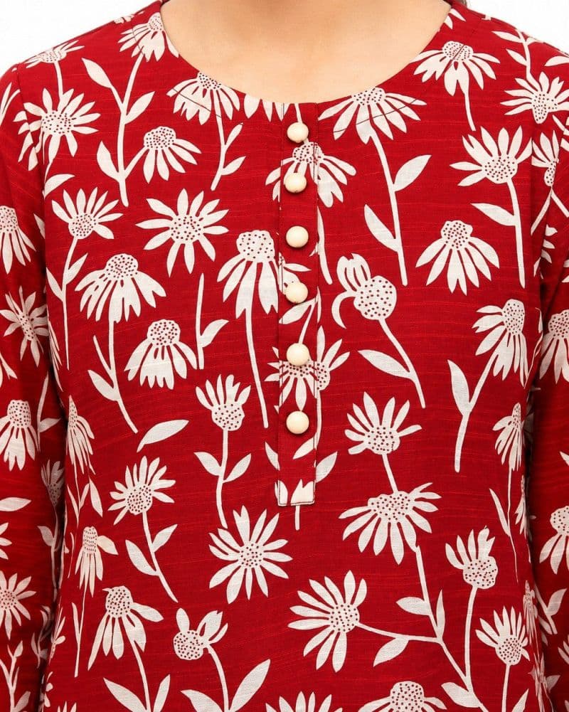 Plum Khaddar Rust colour printed Off White Flowers with Off White buttons on 2pc stitched suit for Girls. thumbnail