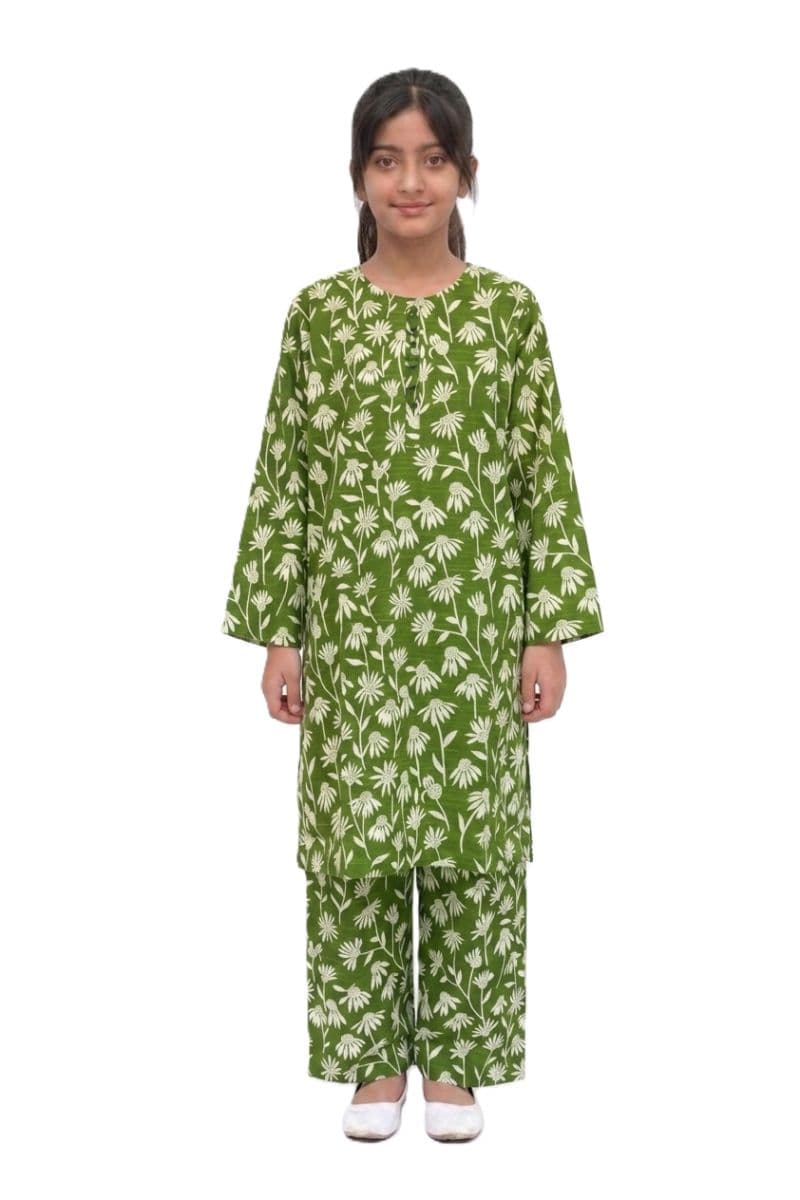 Plum Khaddar Green colour printed Off White Flowers with Green buttons on 2pc stitched suit for Girls. thumbnail