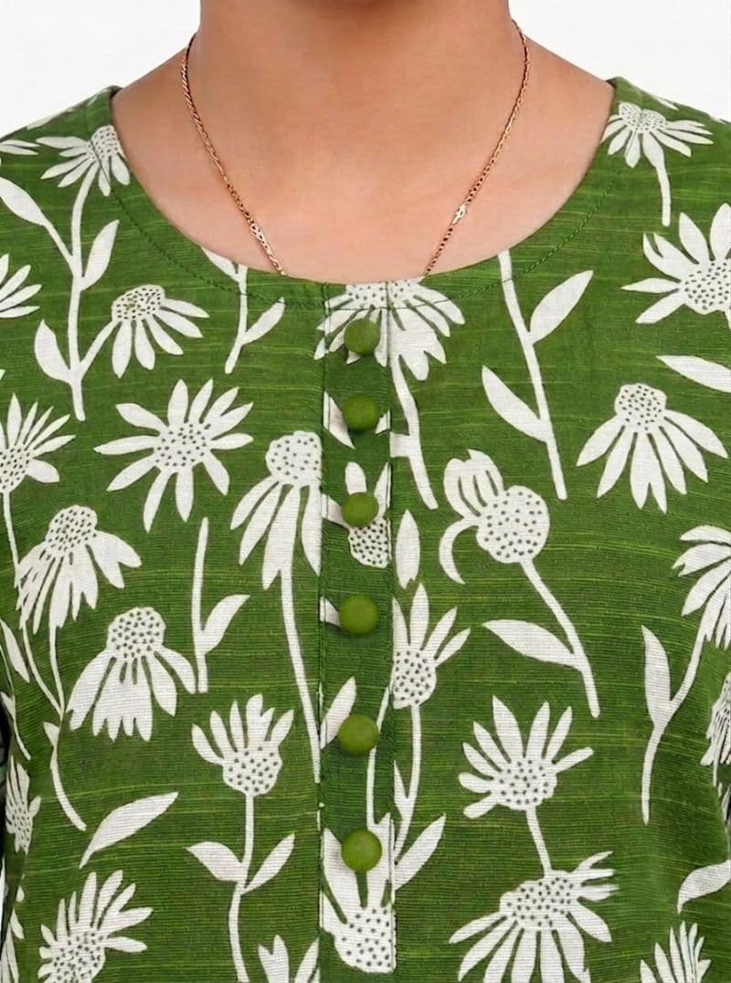Plum Khaddar Green colour printed Off White Flowers with Green buttons on 2pc stitched suit for Girls. thumbnail