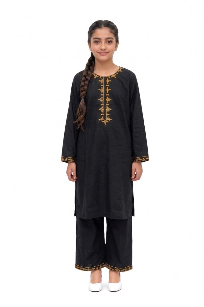 Plum Khadder Black colour embroidered with Dark Yellow threads on 2pc stitched suit for Girls. thumbnail