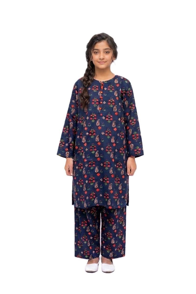 Plum Khaddar Dark Blue colour printed Green Red Flowers with Red buttons on 2pc stitched suit for Girls. thumbnail