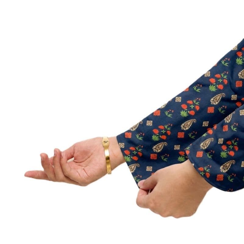 Plum Khaddar Dark Blue colour printed Green Red Flowers with Red buttons on 2pc stitched suit for Girls. thumbnail