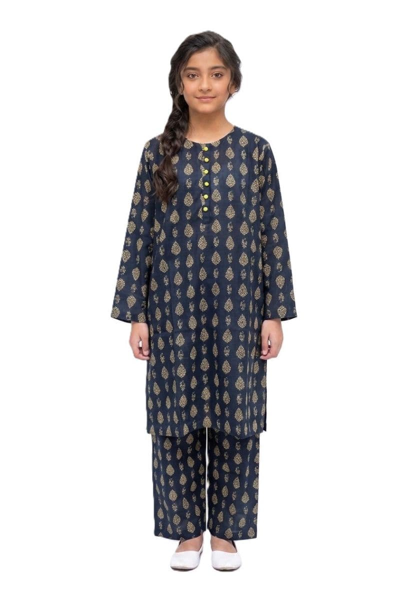 Plum Khaddar Black colour printed Yellow Patterns with Yellow buttons on 2pc stitched suit for Girls. thumbnail