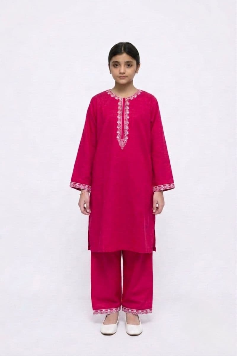 Plum Khaddar Dark Pink colour embroidered with White threads on 2pc stitched suit for Girls. thumbnail