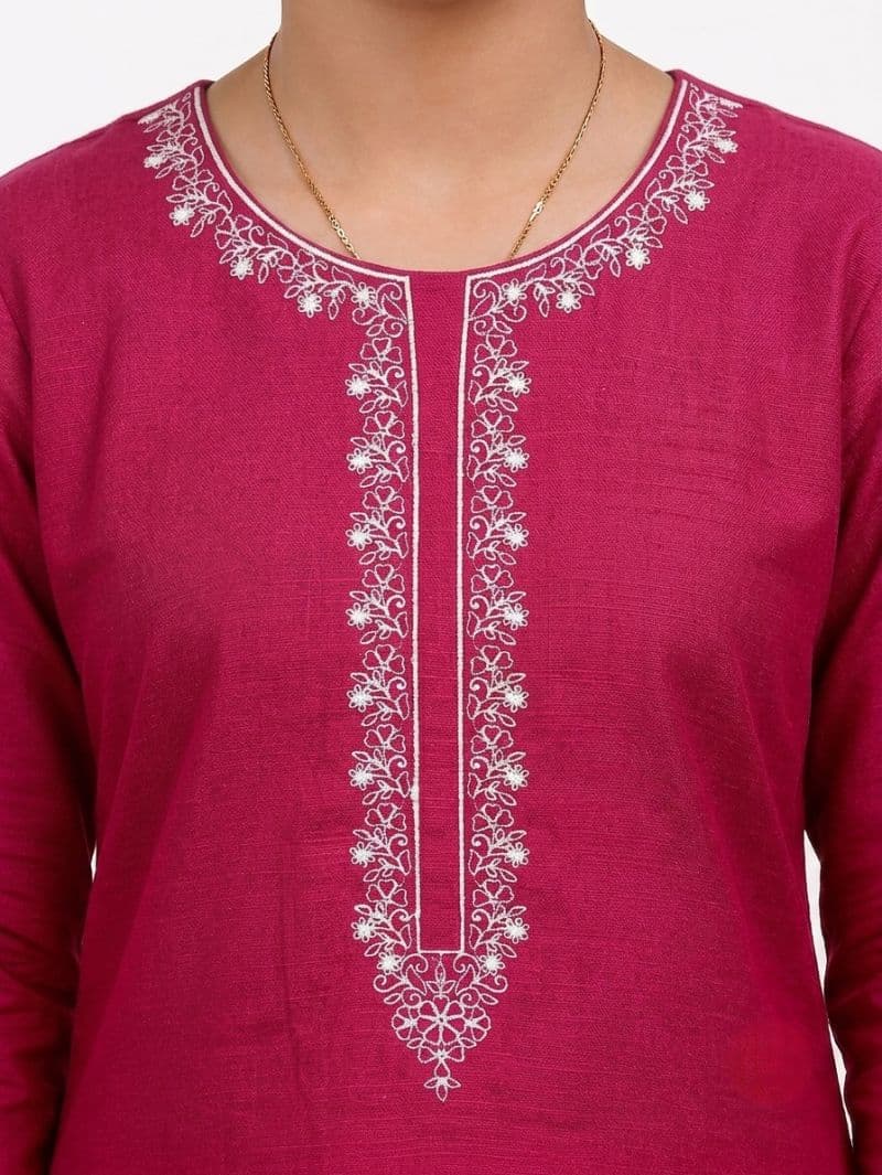 Plum Khaddar Dark Pink colour embroidered with White threads on 2pc stitched suit for Girls. thumbnail