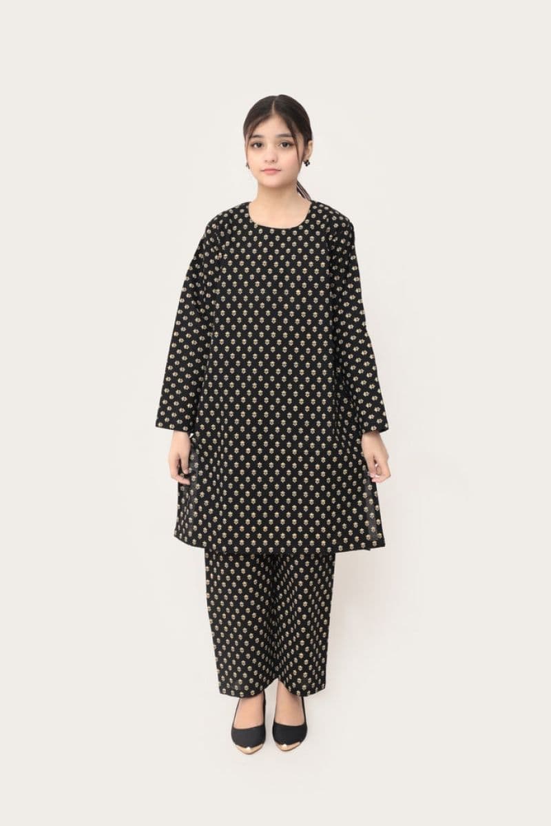 Plum Premium Khaddar Black Colour Printed White Bronze Flowers On 2 pc Stitched suit For Girls thumbnail