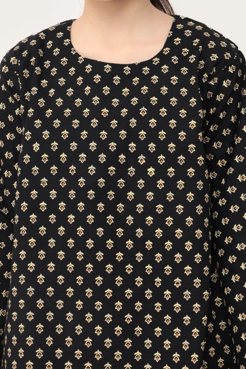 Plum Premium Khaddar Black Colour Printed White Bronze Flowers On 2 pc Stitched suit For Girls thumbnail