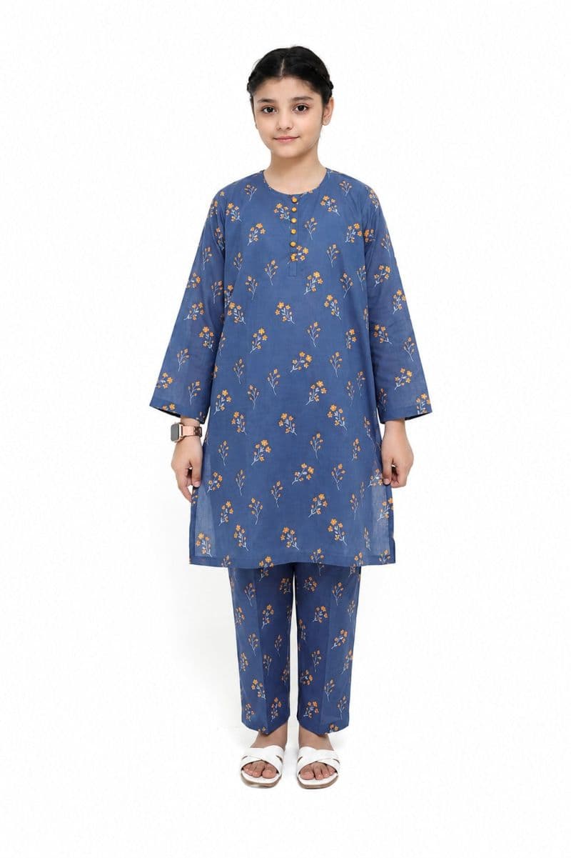 Plum Digital Lawn Blue  Colour printed Yellow Flowers with Yellow buttons On 2 Pc stitched suit for Girls