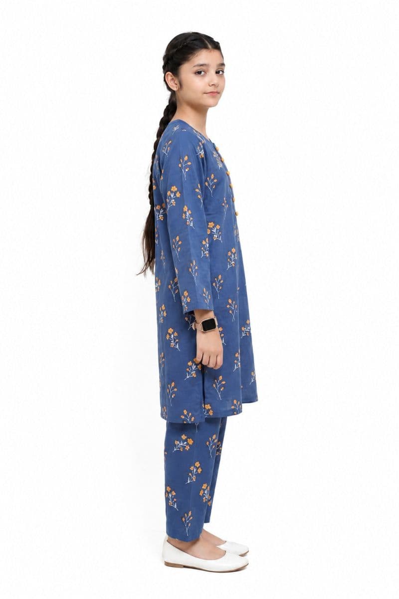 Plum Digital Lawn Blue  Colour printed Yellow Flowers with Yellow buttons On 2 Pc stitched suit for Girls
