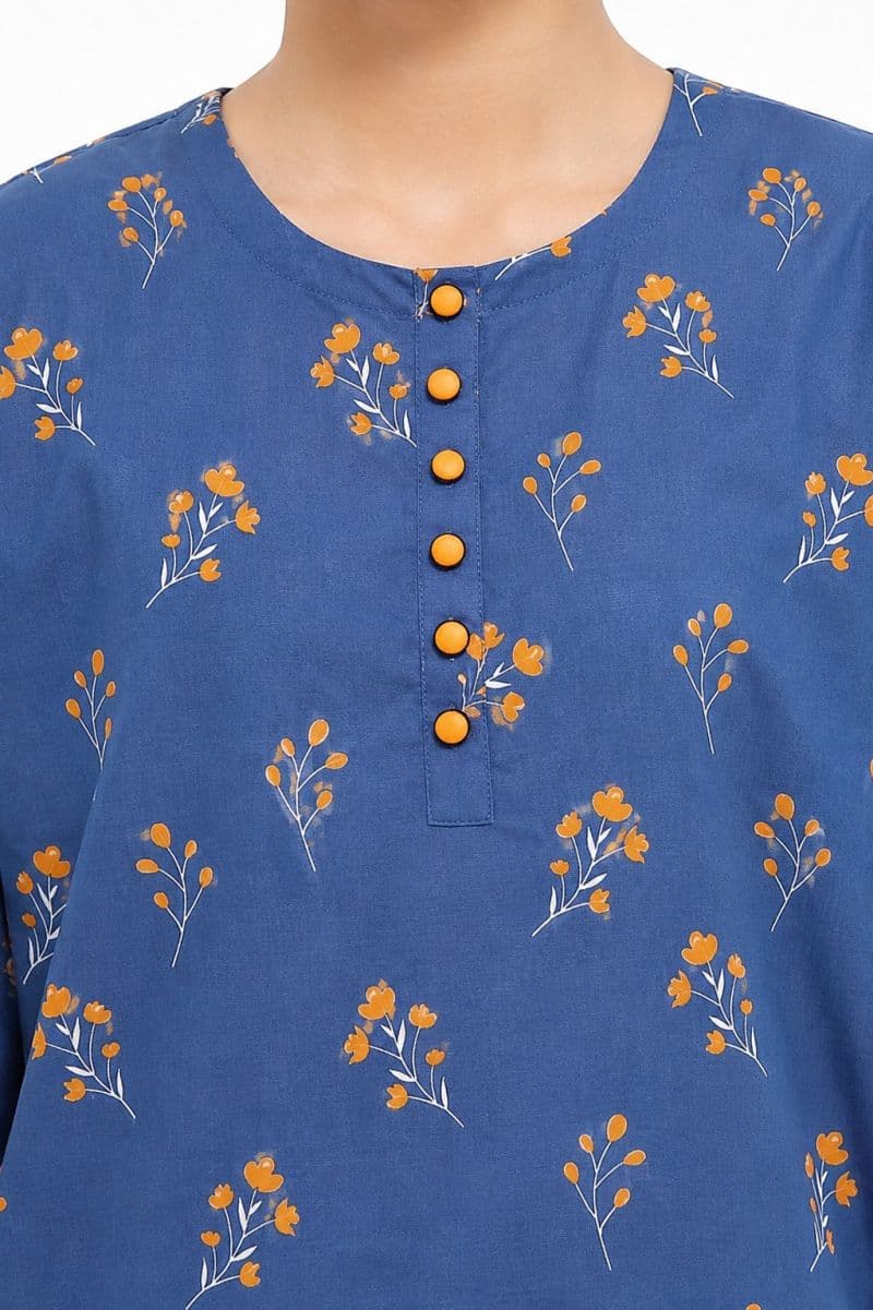 Plum Digital Lawn Blue  Colour printed Yellow Flowers with Yellow buttons On 2 Pc stitched suit for Girls