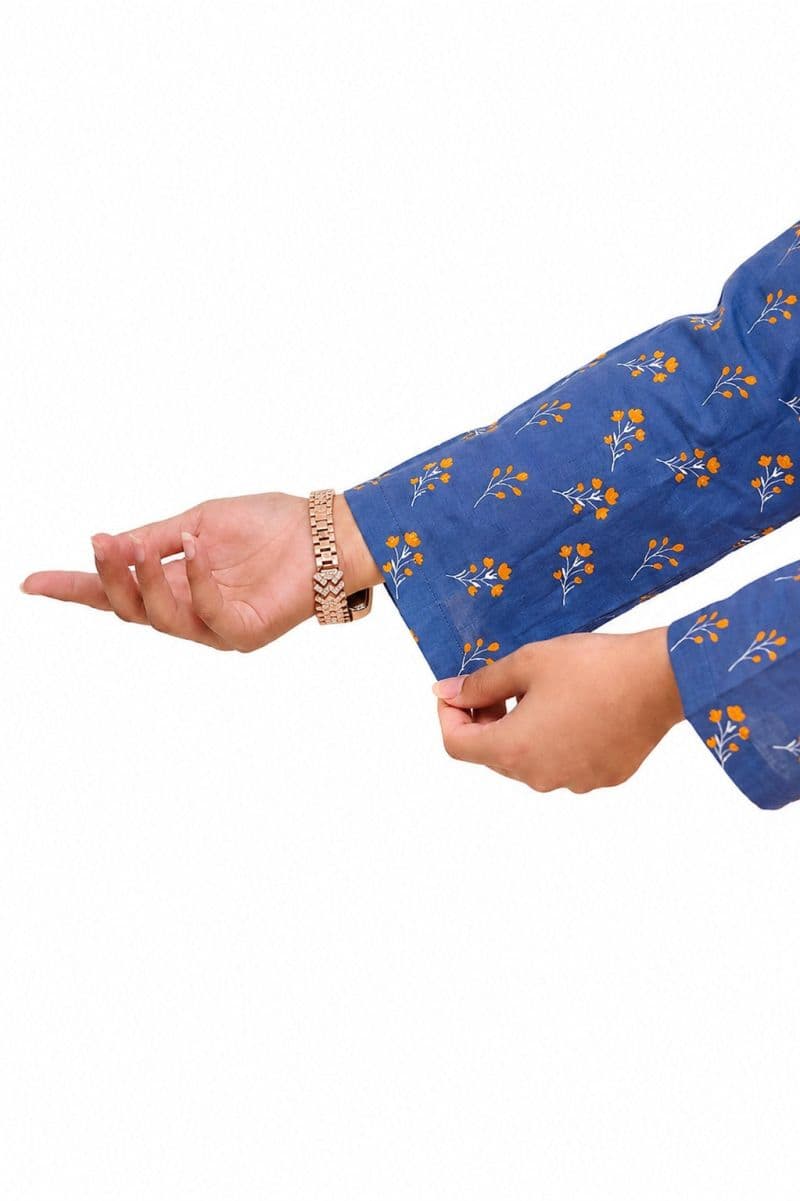 Plum Digital Lawn Blue  Colour printed Yellow Flowers with Yellow buttons On 2 Pc stitched suit for Girls