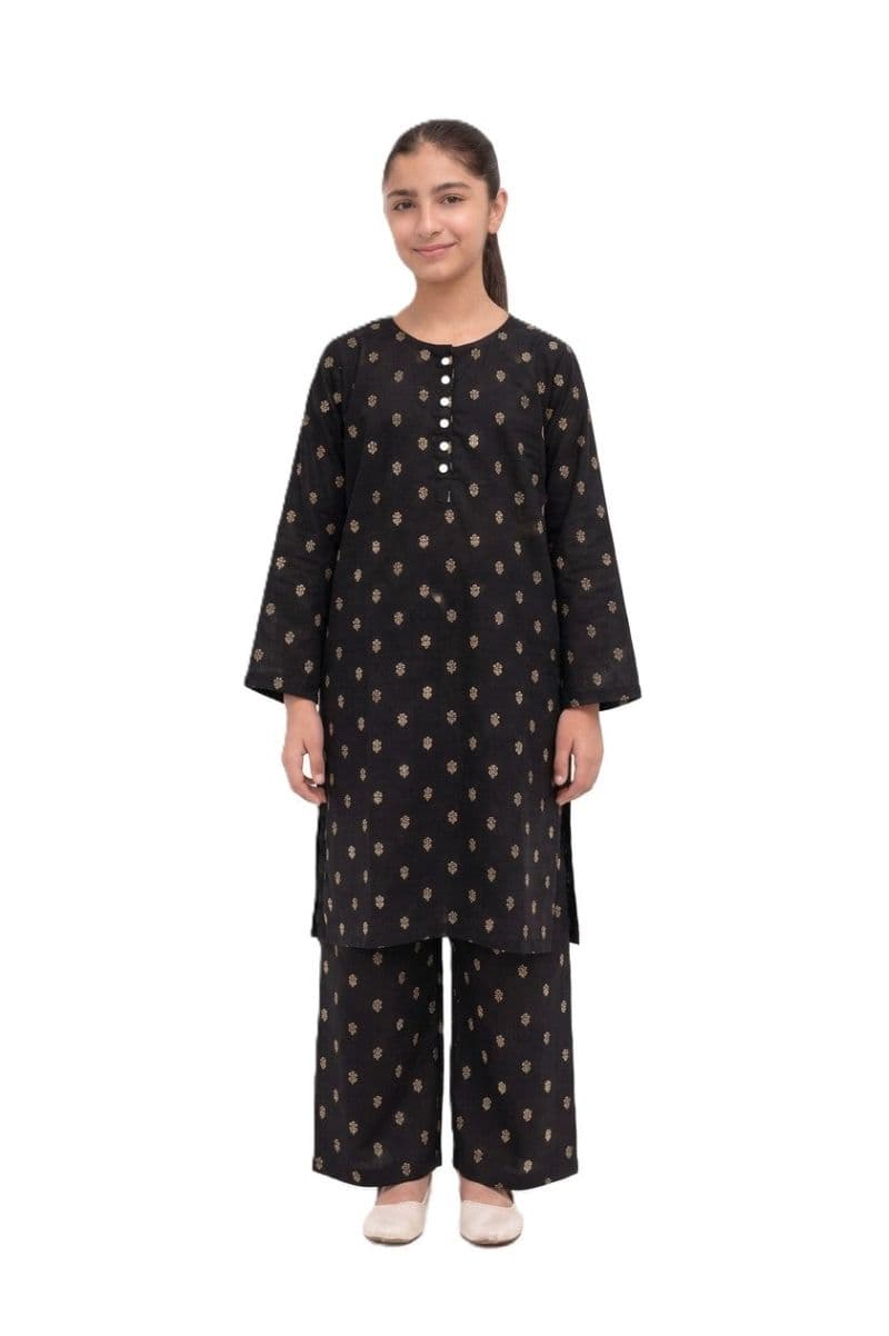 Plum Khaddar Black colour printed White Olive Flowers with White buttons on 2pc stitched suit for Girls