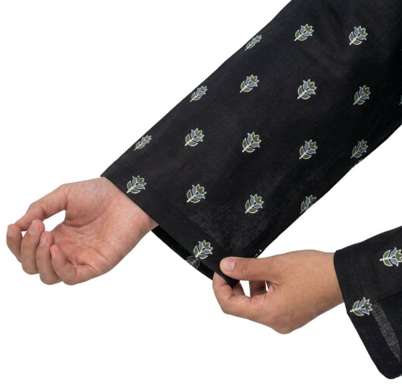 Plum Khaddar Black colour printed White Olive Flowers with White buttons on 2pc stitched suit for Girls