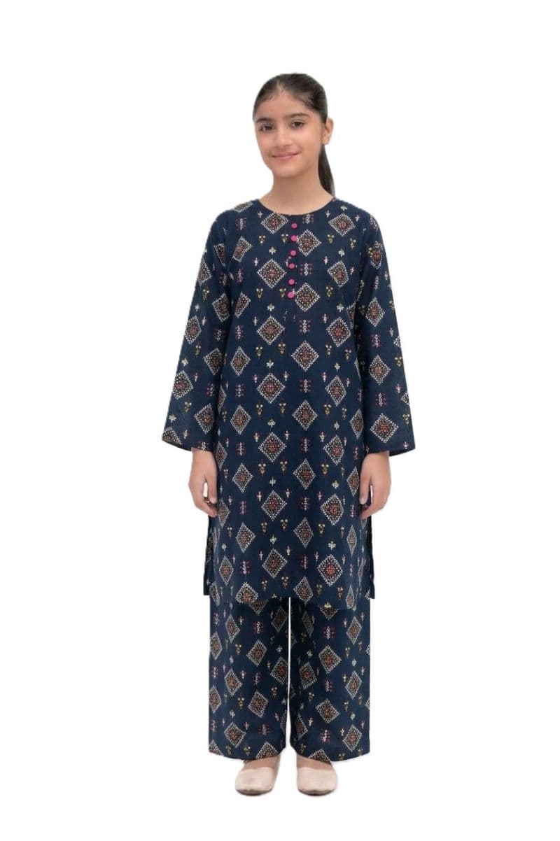 Plum Khaddar Dark Blue colour printed  Pink Green  White Patterns with Pink buttons on 2pc stitched suit for Girls