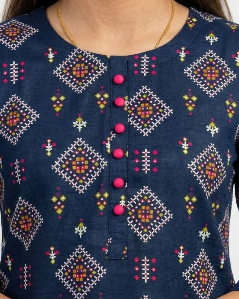 Plum Khaddar Dark Blue colour printed  Pink Green  White Patterns with Pink buttons on 2pc stitched suit for Girls