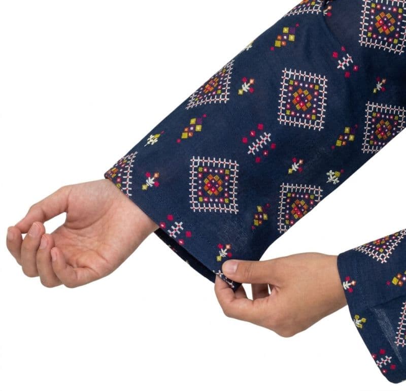 Plum Khaddar Dark Blue colour printed  Pink Green  White Patterns with Pink buttons on 2pc stitched suit for Girls