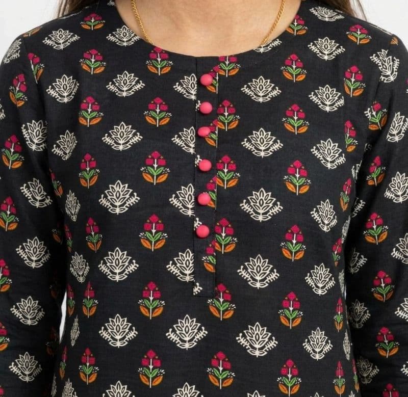 Plum Khaddar Black colour printed White Pink Green Flowers with Pink buttons on 2pc stitched suit for Girls