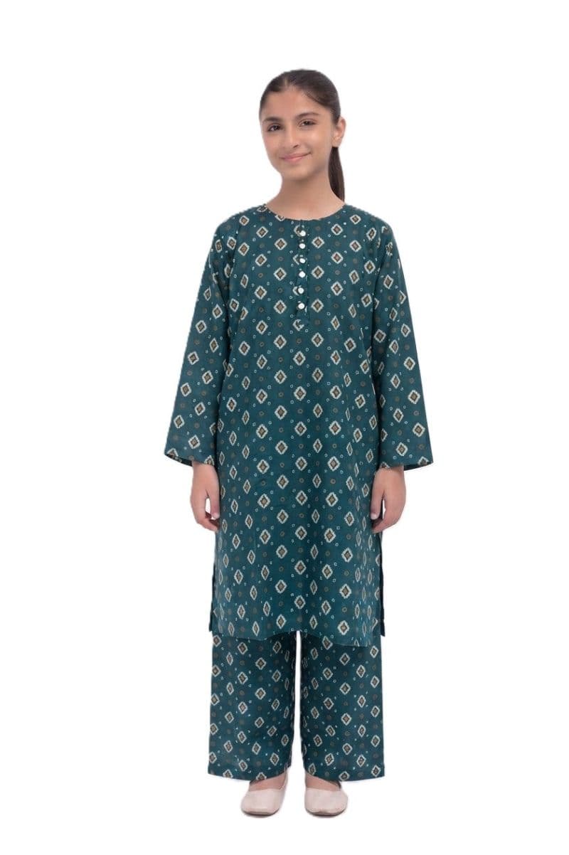 Plum Khaddar Teal colour printed White Rust patterns with White buttons on 2pc stitched suit for Girls. thumbnail