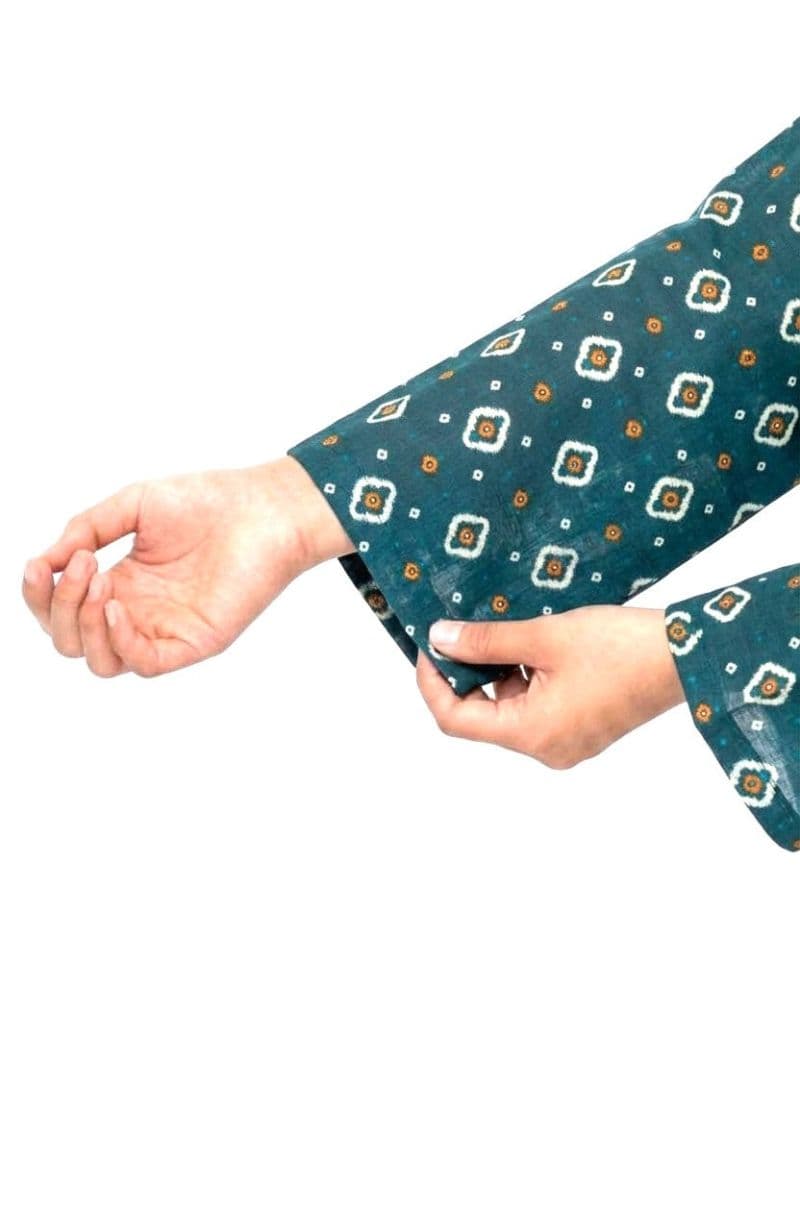 Plum Khaddar Teal colour printed White Rust patterns with White buttons on 2pc stitched suit for Girls. thumbnail