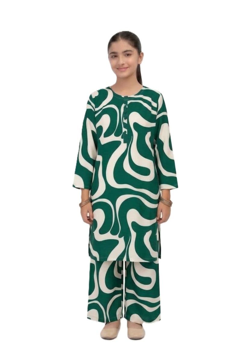 Plum Lilen (imported Fabric) printed Green & White Patterns with Green buttons on 2pc stitched suit for Girls. thumbnail