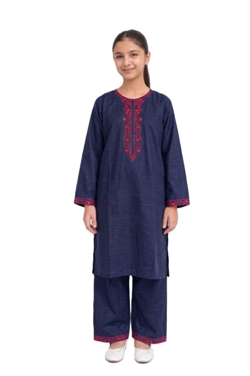 Plum Khaddar Dark Blue Colour embroidered with Red threads on 2pc stitched suit for Girls. thumbnail