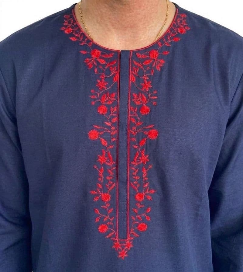Plum Khaddar Dark Blue Colour embroidered with Red threads on 2pc stitched suit for Girls. thumbnail