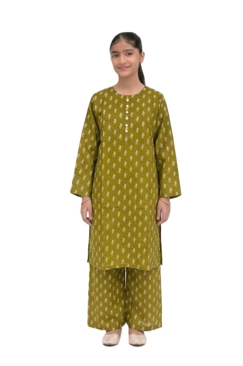 Plum Khaddar Olive colour printed White Flowers with White buttons on 2pc stitched suit for Girls thumbnail