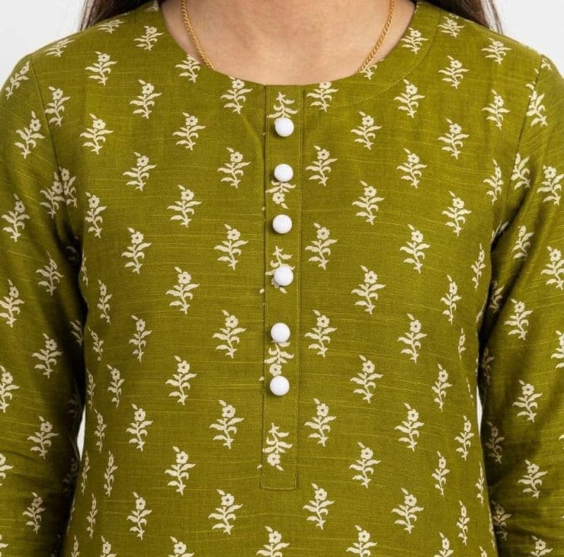 Plum Khaddar Olive colour printed White Flowers with White buttons on 2pc stitched suit for Girls thumbnail