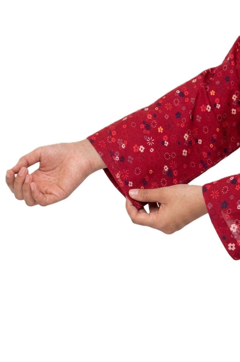 Plum Khaddar Reddish Pink colour printed White Red Blue Flowers with Red buttons on 2pc stitched suit for Girls. thumbnail