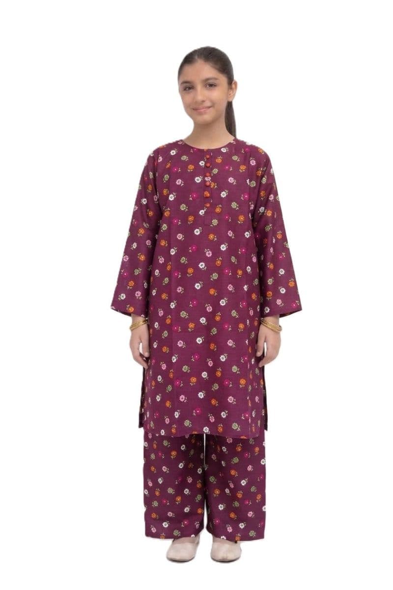Plum Khaddar Dark Purple colour printed Orange Pink Green Flowers with Orange buttons on 2pc stitched suit for Girls