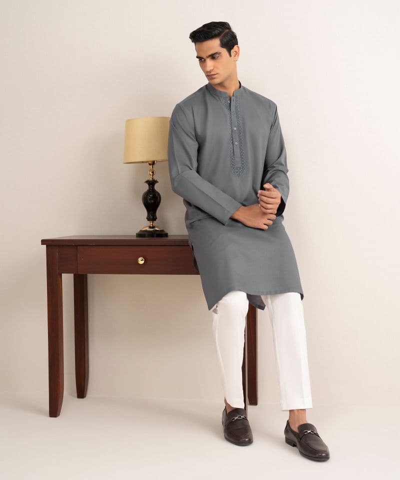 Embroidered Cotton Jacquard Kurta thumbnail