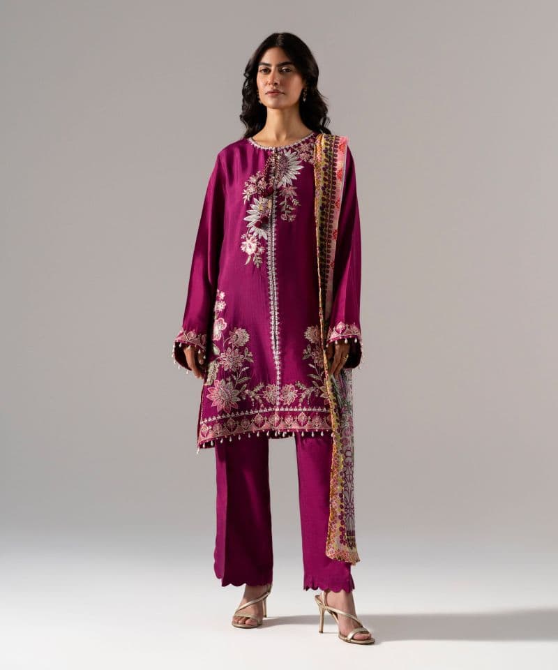 3 Piece - Embroidered Raw Silk Suit