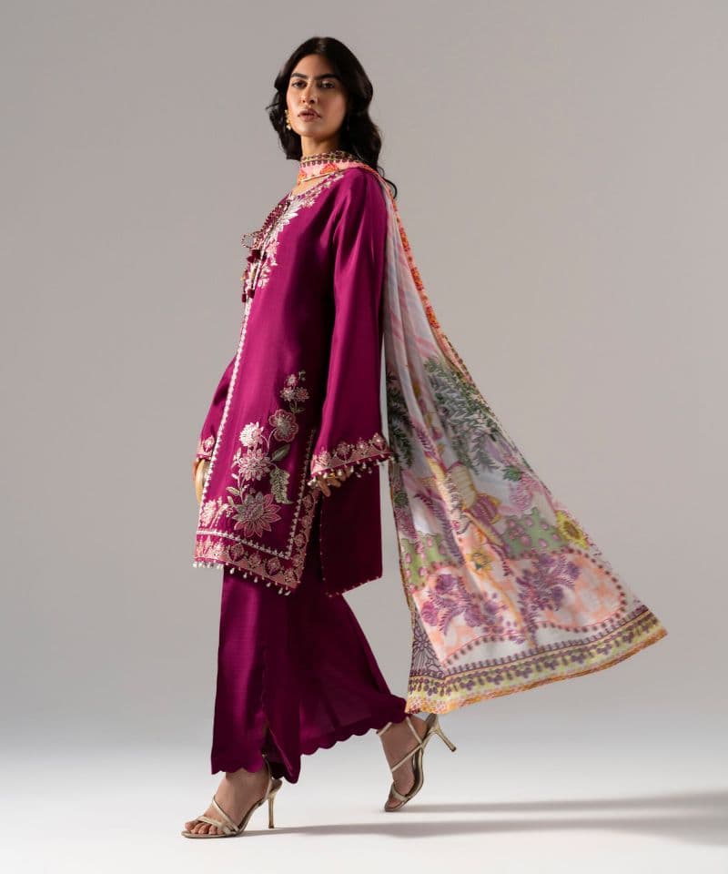 3 Piece - Embroidered Raw Silk Suit