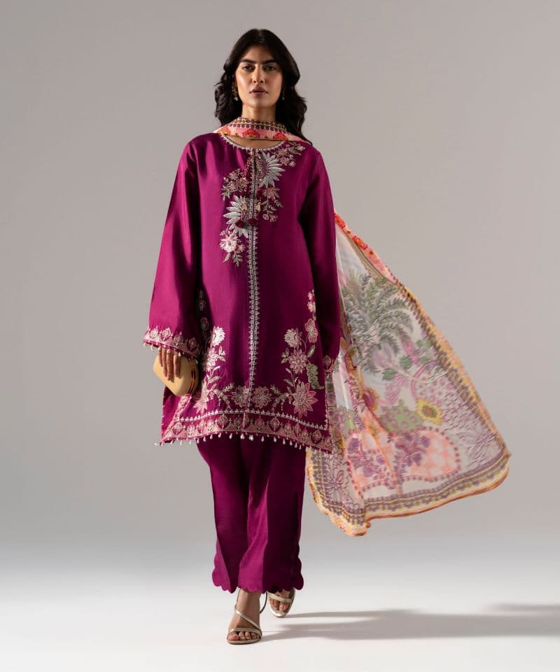 3 Piece - Embroidered Raw Silk Suit