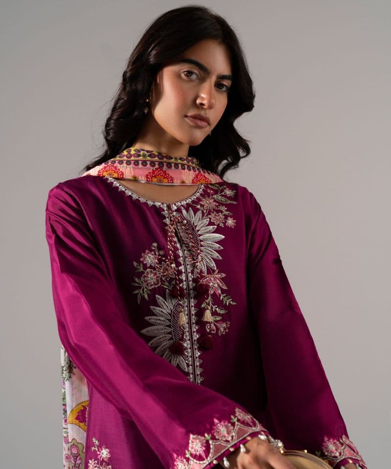 3 Piece - Embroidered Raw Silk Suit